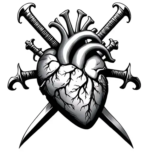 Realistic Heart With Three Swords Piercing Through From The Top