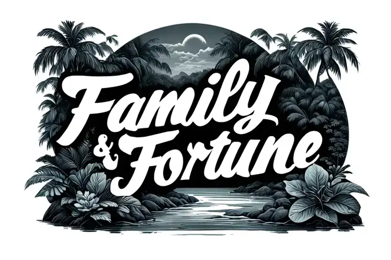 Lettering Family And Fortune With Tropical Background Landscape