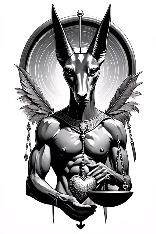 Realistic Anubis Holding Scale With Heart On One Side And Feather On The Other Side