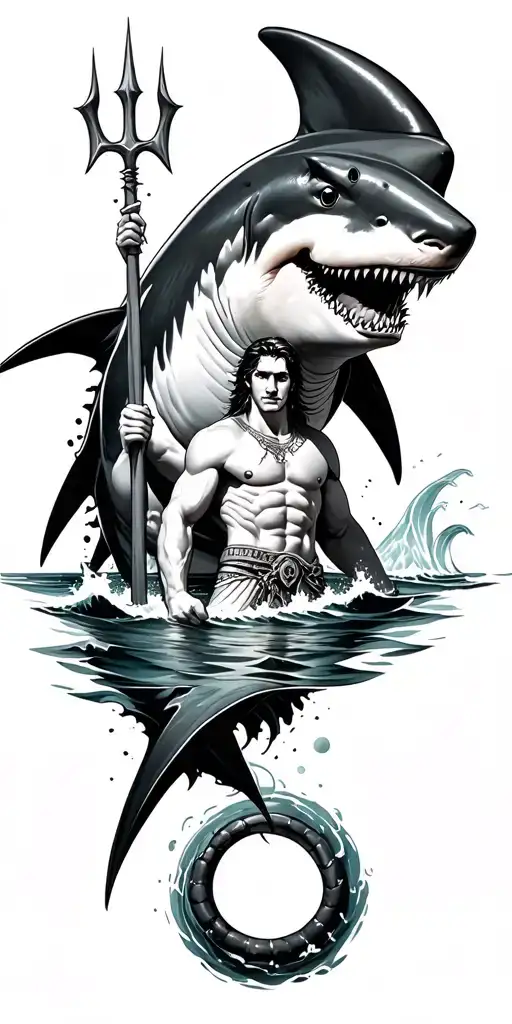Mako Shark With Ocean Theme And Poseidon Holding A Trident