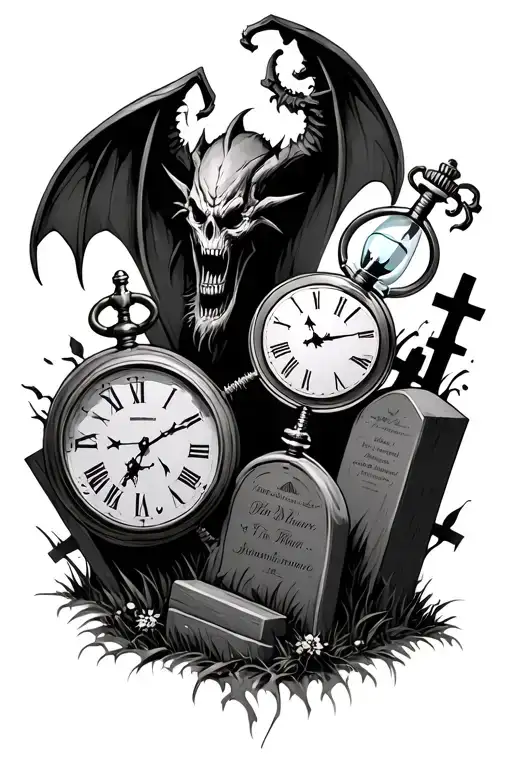 Demons In Cemetery Scene With Tombstones A Pocket Watch And Broken Hour Glass