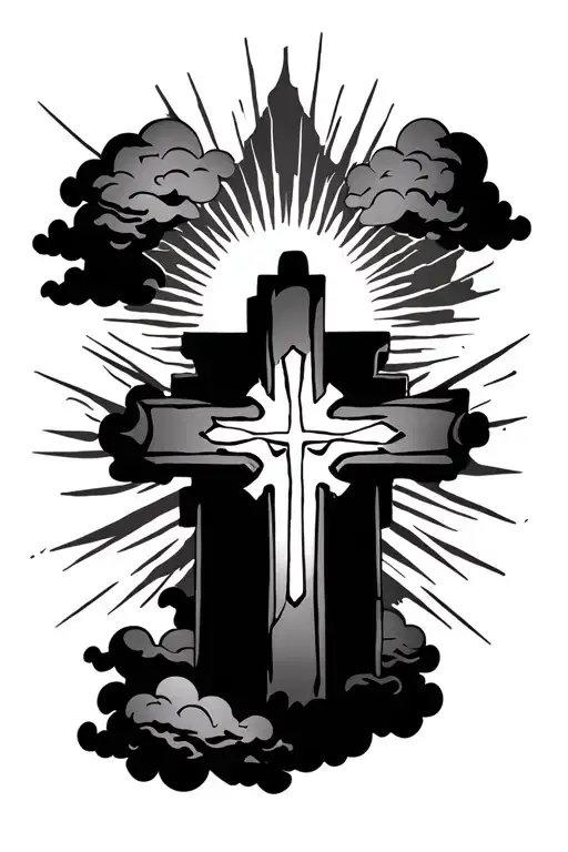 Three Crosses With Clouds And Sunrays Radiating Outwards