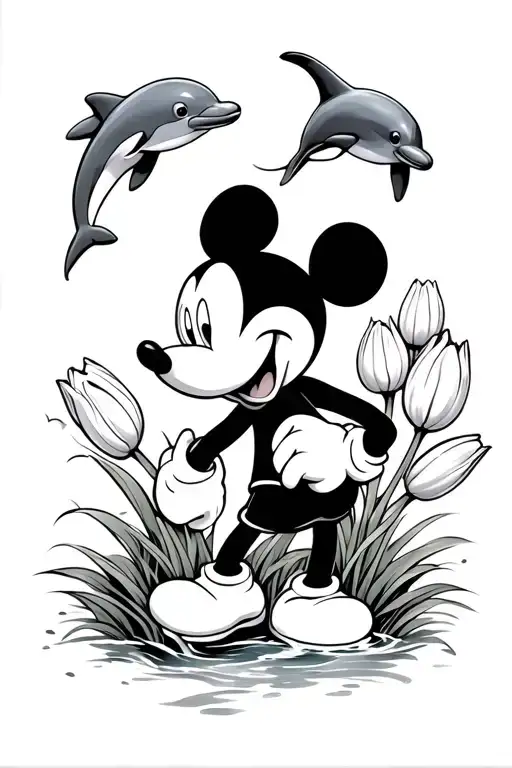 Medium Mickey Mouse On Grass With Tulips And Dolphins Jumping Out Of The Water In The Background