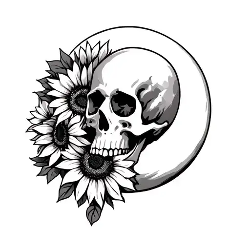 Skull With Moon With Sunflowers