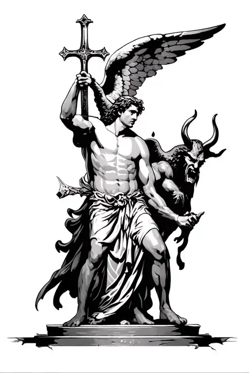 Male Angel Holding A Cross Sword To The Devil At The Gates On Heaven