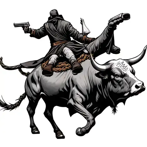 Bucking Bull With A Robed Klansmen On Back With A Gun In One Hand And A Noose In The Other