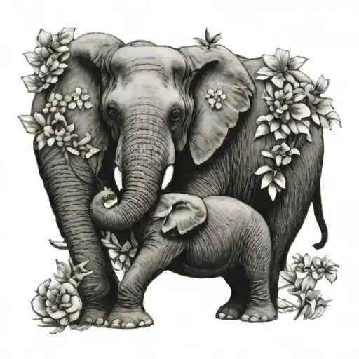Elephant With Babies And Flowers