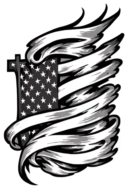 Cross With Tribal Spiraling Down And American Flag