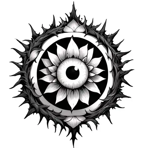 Circular Void Lotus With Evil Eye In Center And Thorny Vines In All Directions
