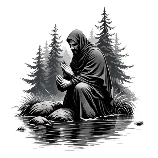 Man In Cloak In Forest Kneeling In A Creek Praying