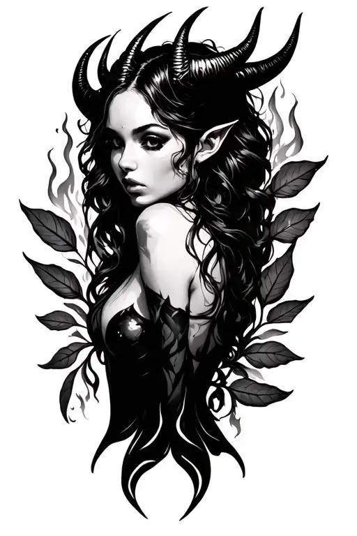 Sexy Succubus With Horns With Leaves Burning Behind Her Side Profile Realism