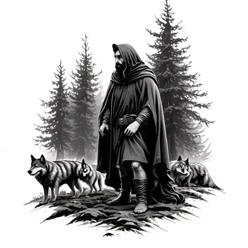Man In Cloak In Forest Scene With Hidden Wolves