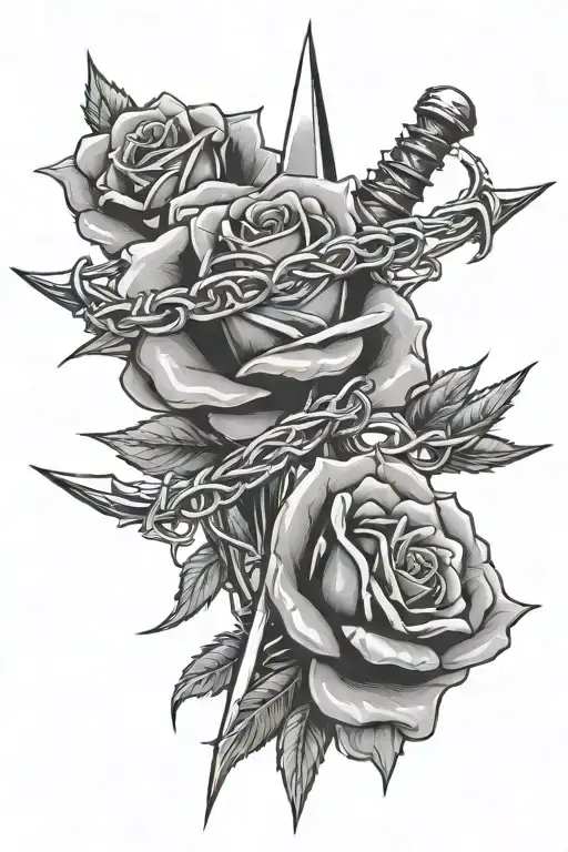 Dagger With A Rose And Barbed Wire Wrapped