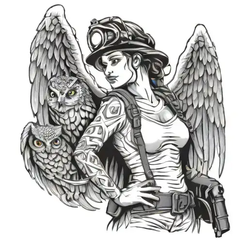 A Woman Firefighter Battling Flames With Owl Wings Coming From Her Shoulder Blades