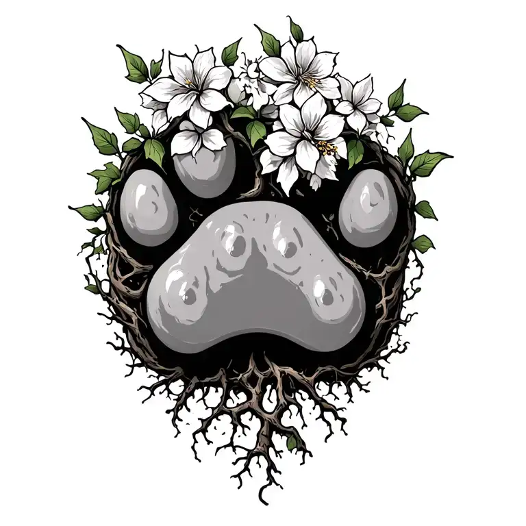 Paw Print With Honeysuckle Flowers And Ivy Vine Wrapped With Roots Going Deep Underneath