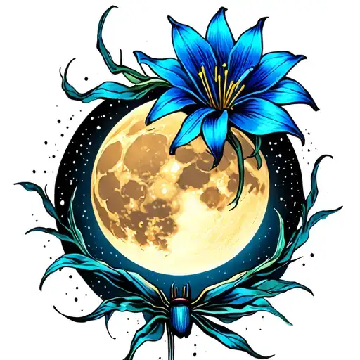 Blue Spider Lilly And A Golden Full Moon With Sparkles Around It