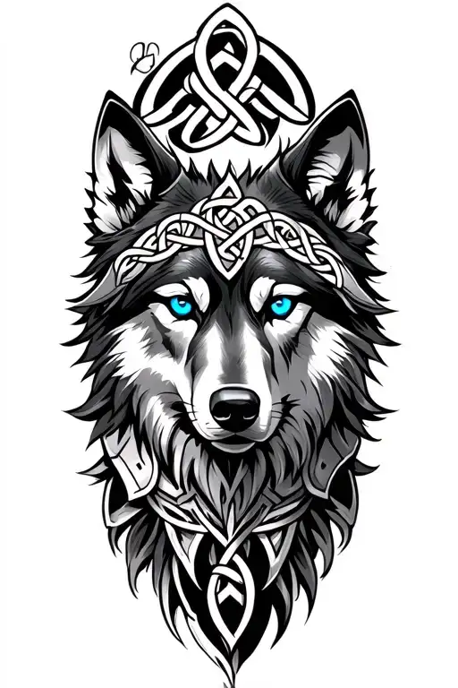 Black Wolf With Blue Eyes On Armor Tattoo Design Featuring Celtic Trinity Knot