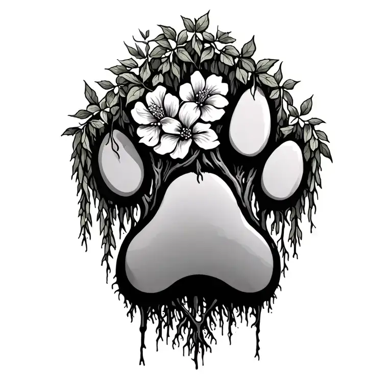 Paw Print With Honeysuckle Flower And Weeping Willow Growing Out The Top With Deep Roots Underneath