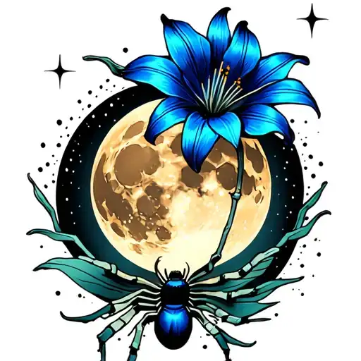 Blue Spider Lilly And A Golden Full Moon With Sparkles Around It