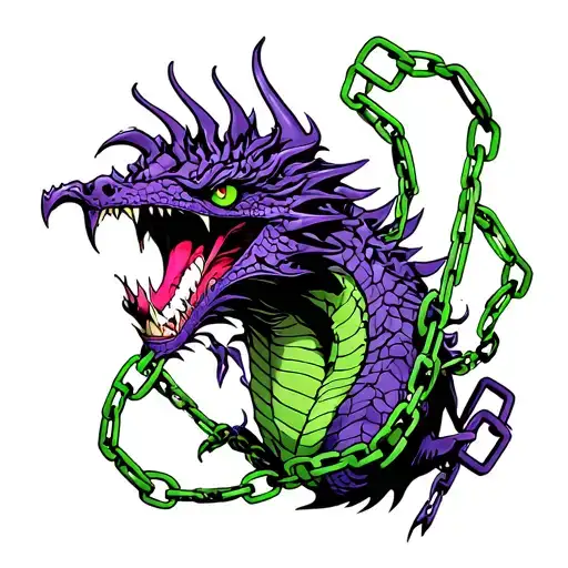 80S Dragon Purple And Green Chains Breaking Free From Chains