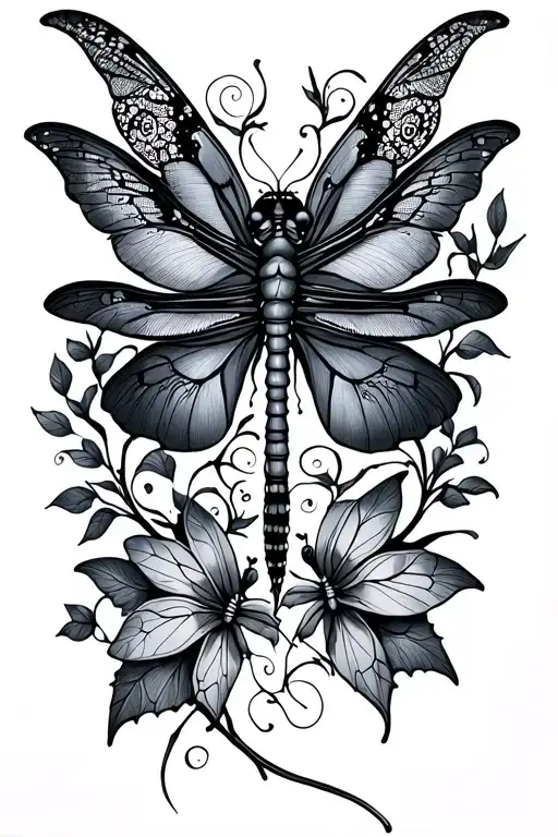 Back Tattoo With A Straight Lace Vine Lace Wing Dragonfly And Laced Wing Luna Moths Patterns