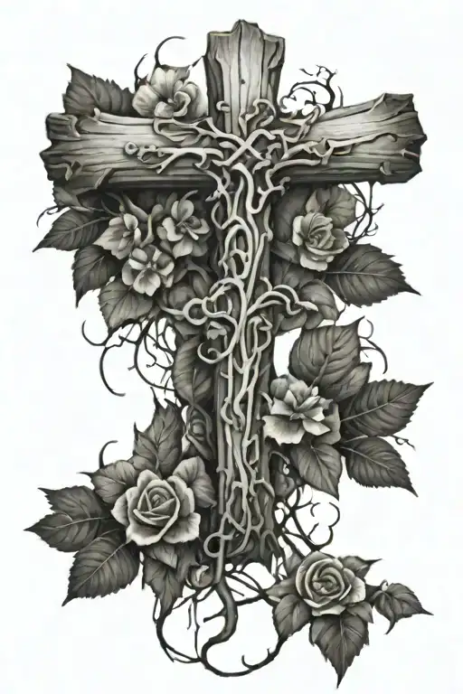 Rotting Wooden Cross In Ground With Vines And Flowers Growing Around It