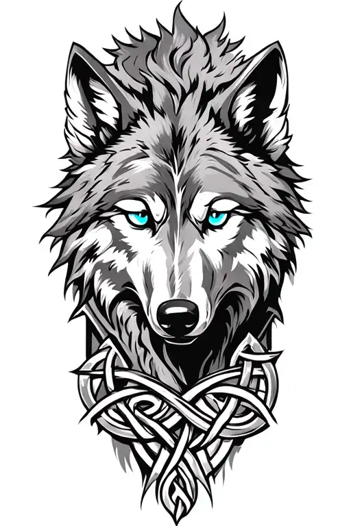 Wolf With Blue Eyes On Armor Tattoo Design Featuring Celtic Trinity Knot