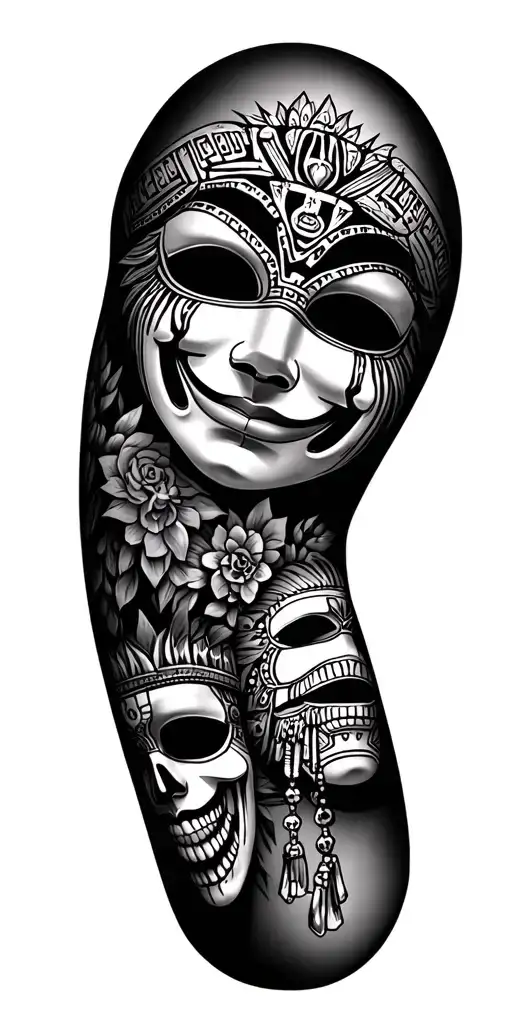 Chicano Style Tattoo Sleeve With Cry Now Smile Later Masks And Rosary With Aztec Fillers Inbetween
