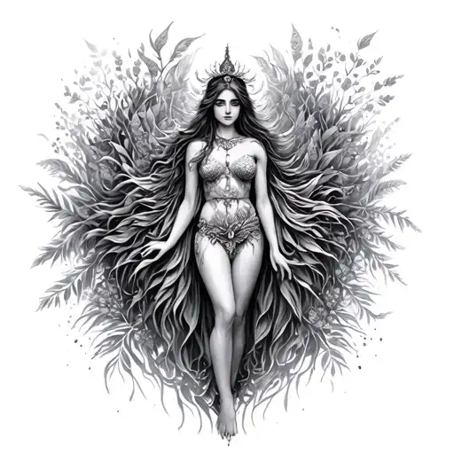 Goddess Standing Surrounded By Ethereal Nature Elements Like