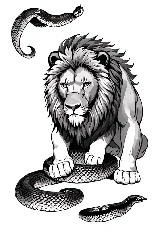 Lion Pinning Down A Snake