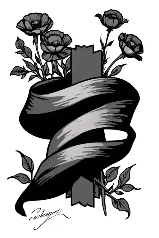 Cross Wrapped Banner With Dates And Signature With Poppy Flowers