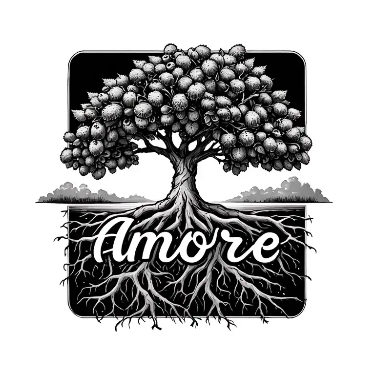 Olive Tree With Roots And Amore Written In Roots