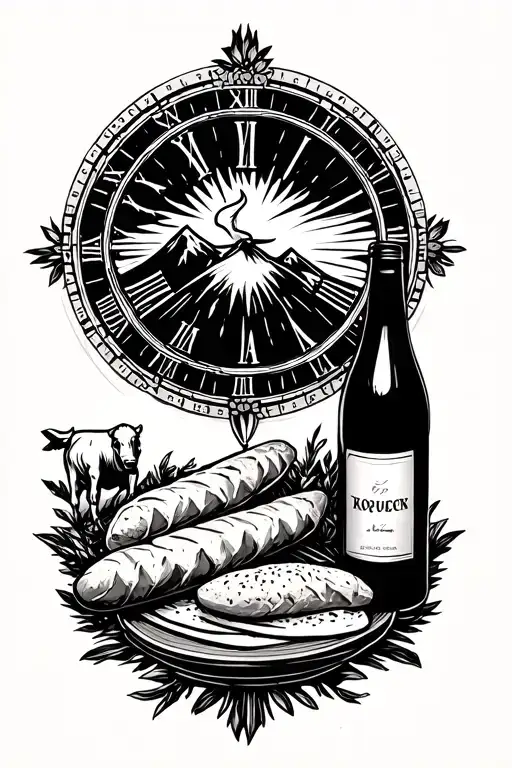 Solar Dial With Bread Baguette Wine Bottle Mountain And Cow