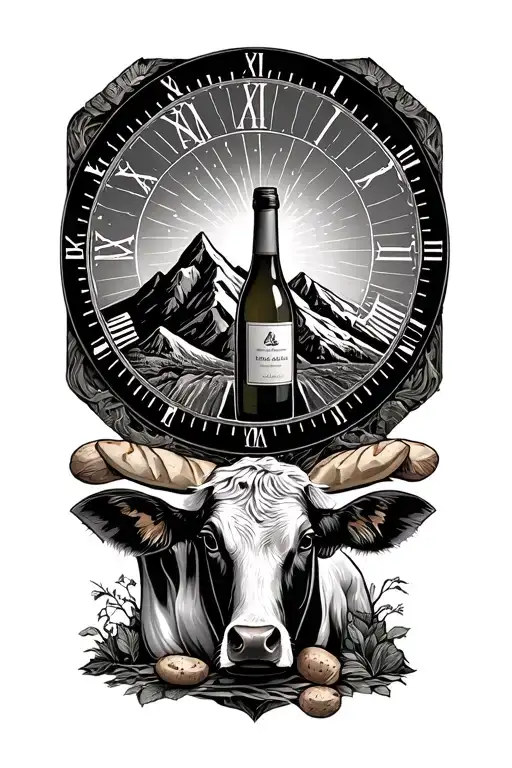 Solar Dial With Bread Baguette Wine Bottle Mountain And Cow Aux Quatre Points Cardinaux