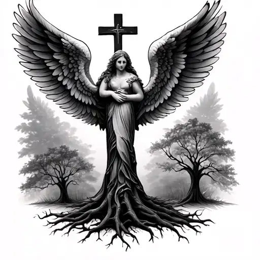 Family Tree With Angel Wings And Cross