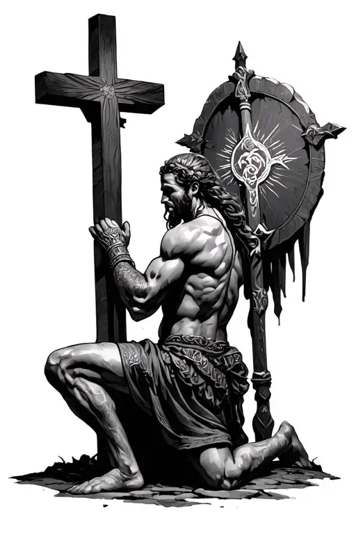 Warrior Kneeling At The Foot Of The Cross