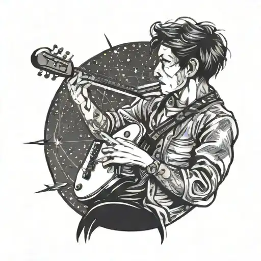 Design A Tattoo Of A Lone Musician Playing Their Instrument Under A Starry Night Sky