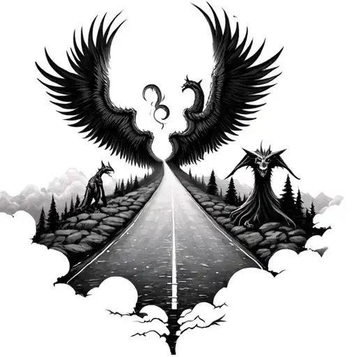 Dmt Land With A Road Heading Into The Clouds As It Passes Different Dmt Elves And Creatures