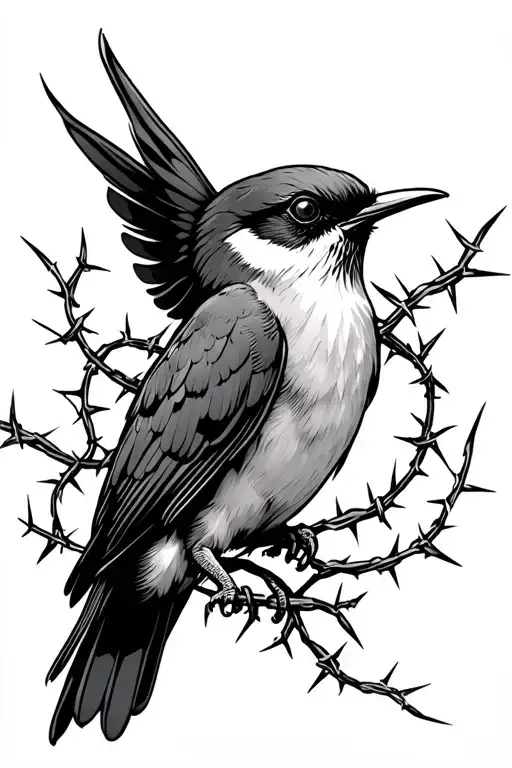 Swallow With Barbed Wire Turning Into Vines Growing