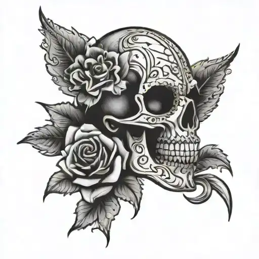 Chicano Style Tattoo With Sugar Skull Man Holding A Rose
