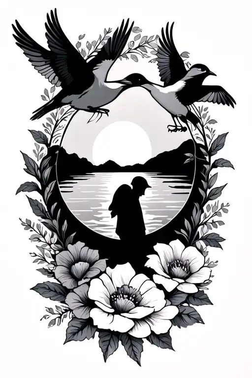 Grandma And Grandpa Remembrance Tattoo Including Birds Flowers A Nice Sunset