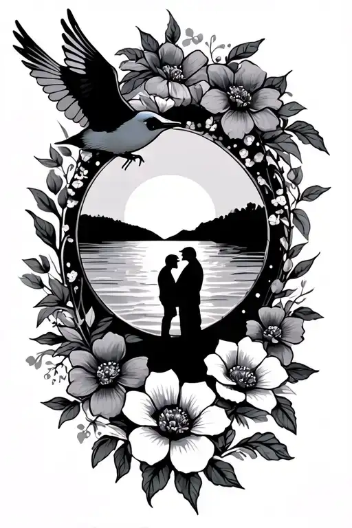 Grandma And Grandpa Remembrance Tattoo Including Birds Flowers A Nice Sunset