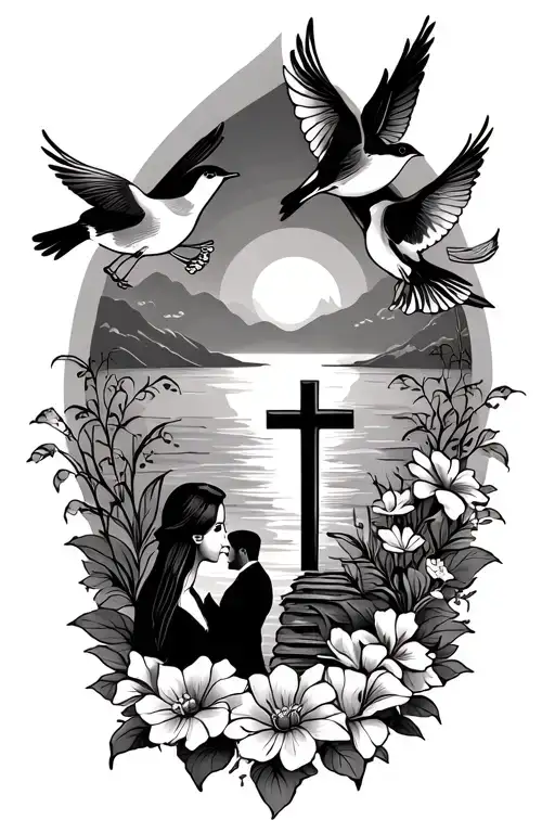 Grandma And Grandpa Remembrance Tattoo Including Birds Flowers A Nice Sunset And A Cross