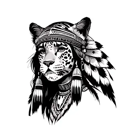 Native American Woman With Jaguar Headdress Being Worn