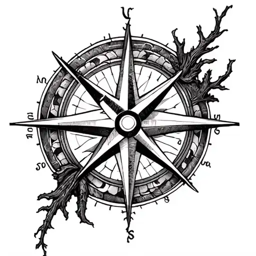 Compass Rose As A Trunk Of A Tree On Left Forearm That Grows Up The Arm