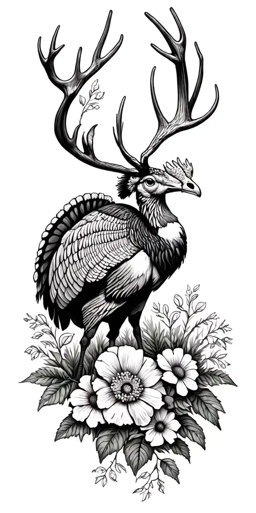 Turkey And Deer And Flowers Growing