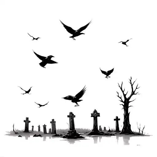 Graveyard With Dead Trees And Ravens Flying