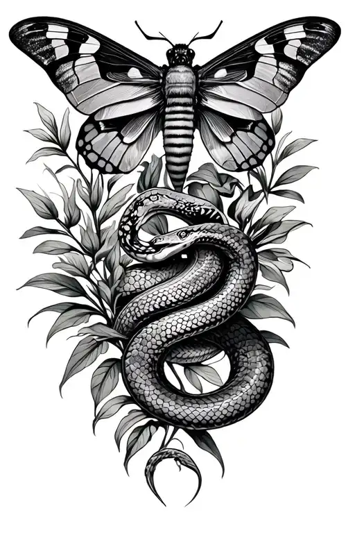 Moth And Plants And Snake Wrapped