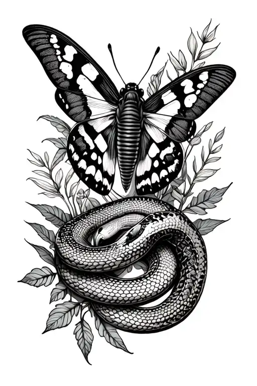 Moth And Plants And Snake Wrapped Loosely