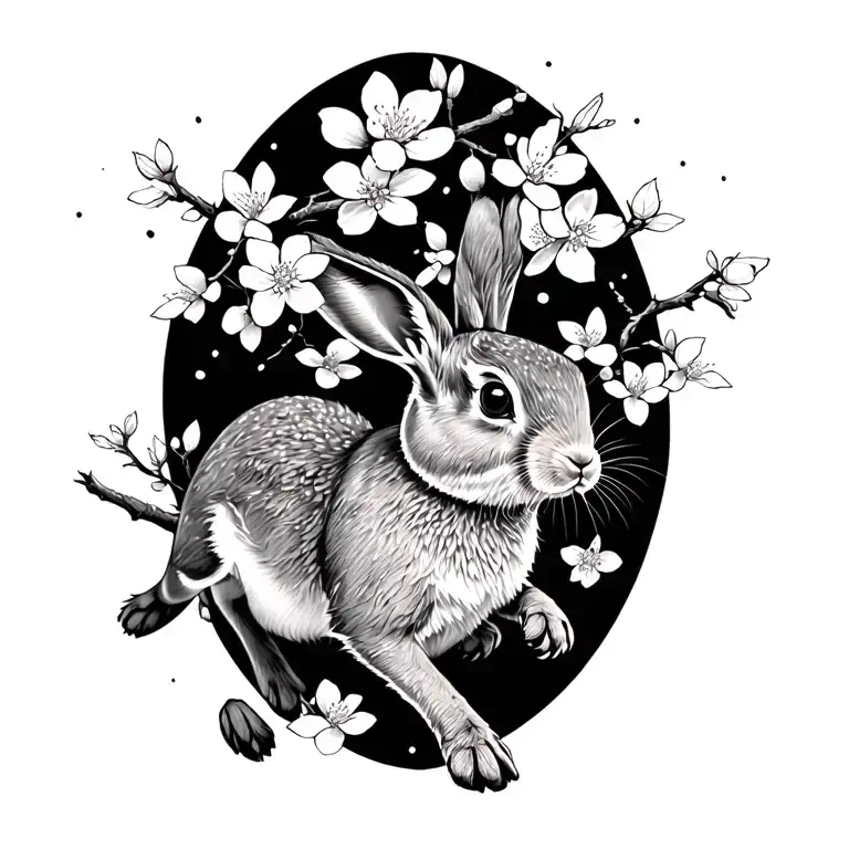 Cherry Blossoms And A Hare Running